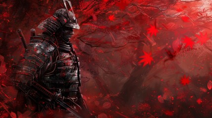 a epic samurai with a weapon sword standing in a red japanese forest. asian culture. pc desktop wallpaper background 16:9 - obrazy, fototapety, plakaty