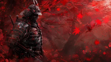 Fotobehang Bordeaux a epic samurai with a weapon sword standing in a red japanese forest. asian culture. pc desktop wallpaper background 16:9