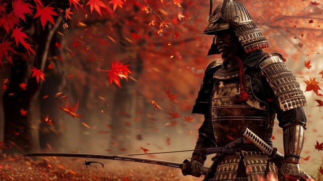 a epic samurai with a weapon sword standing in a red japanese forest. asian culture. pc desktop wallpaper background 16:9
