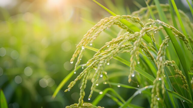 Selective focus on rice and green leaves. Rice plantation. Rice price in the world market concept. Rice diseases and agricultural pesticide concept. Paddy field. Plant cultivation. Fungal diseases.