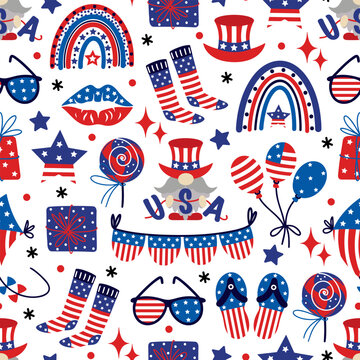 American Independence Day, seamless vector pattern. 4th of July celebration-a gnome in a hat, balloons, stars, a rainbow in the colors of the USA flag. Traditional national event, patriotic background