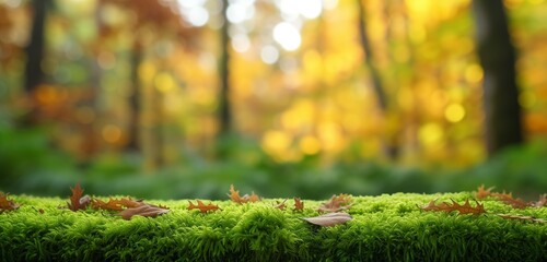 green moss, beautiful blurred natural landscape in the background