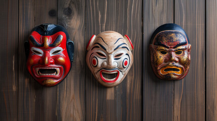 Various Type of Creative Ancient Funny Paper Crafts Mask in Japan for Traditional Event Hanging on Wooden Wall in The Market for Sell as Funny Handmade Crafts Souvenirs