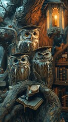 A family of owls wearing tiny graduation caps attending a night class in an ancient tree library.
