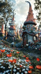 A gnome village hosting an annual flower hat fashion show.