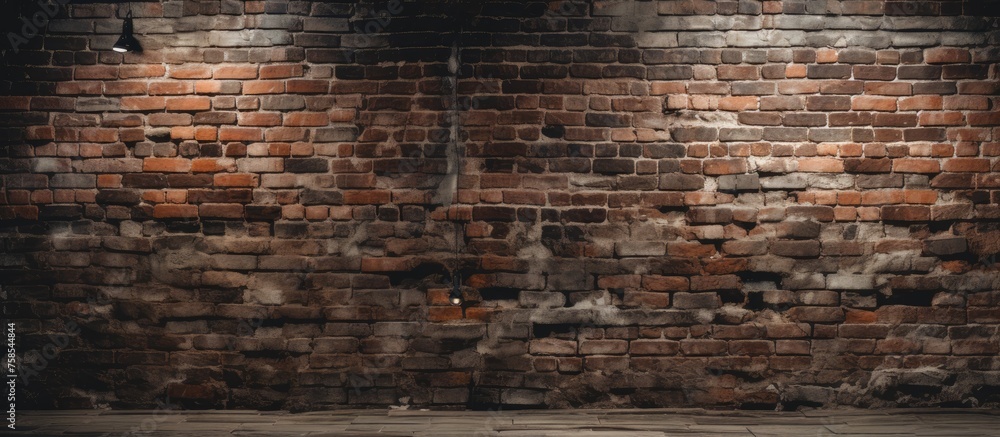 Poster A dimly lit room with a brown brick wall and wooden flooring, showcasing the beauty of brickwork and wood as building materials