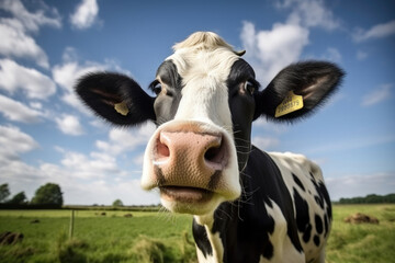 Close-up friendly black and white cow cattle funny face approaching the camera with pink nose in front of rural meadow landscape and cloudy blue sky background created with Generative AI Technology