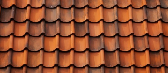 A detailed shot of a row of vibrant orange brick tiles on a wooden roof, creating a beautiful pattern resembling peach skin texture