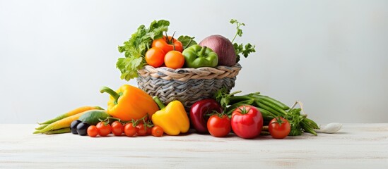 Basket of fresh produce on white table top
