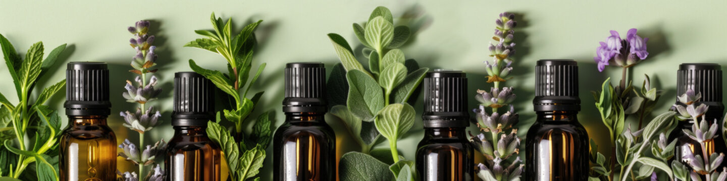 Various bottles containing different essential oils and herbs lined up in a row. Banner.