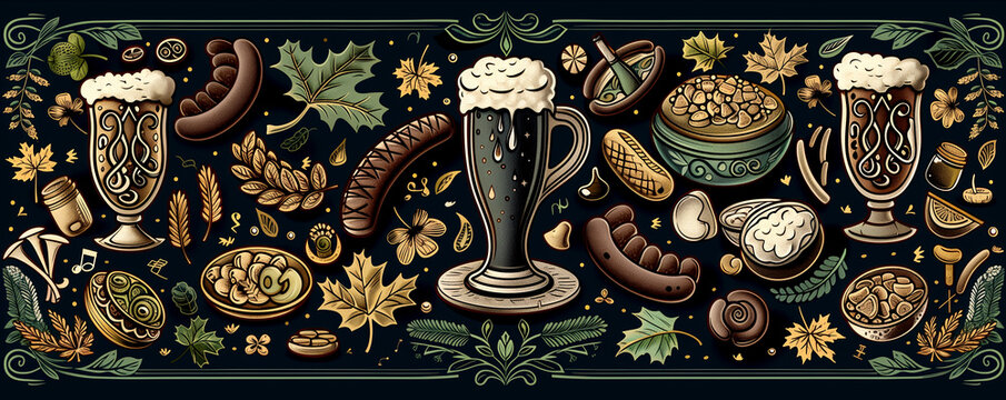 Colorful illustration for a beer pub advertising banner. Beer, sausages, snacks.