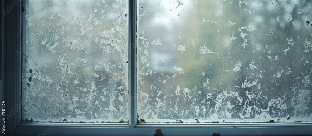 Poster close up of a window covered in condensation, giving a distorted view of the snowy landscape outside
