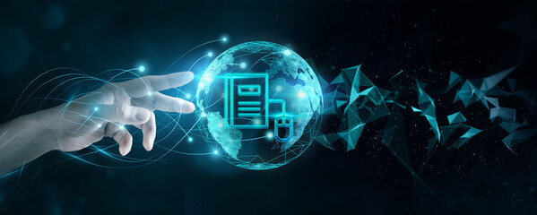 Businessman touch global networks and E-Learning connections in internet education.