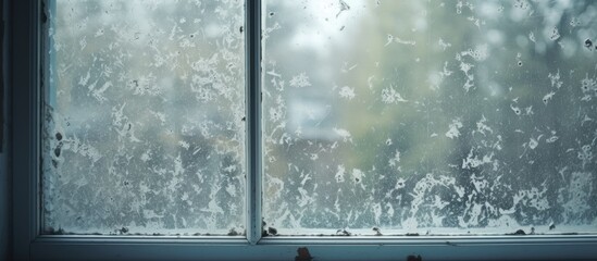 Close up of a window covered in condensation, giving a distorted view of the snowy landscape outside. The glass is frosted from freezing temperatures - obrazy, fototapety, plakaty
