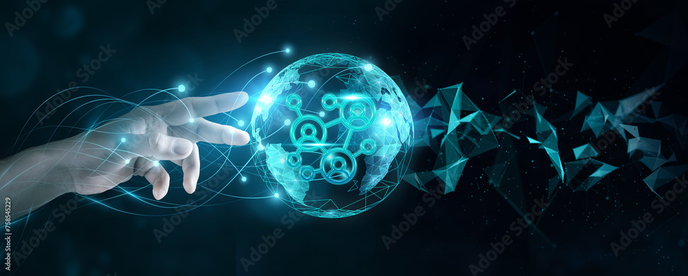Poster businessman touch global networks and networking connections flourish and expand.