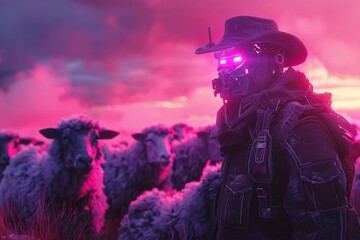 Robot cowboys herding electric sheep through a neon-lit digital prairie. - obrazy, fototapety, plakaty