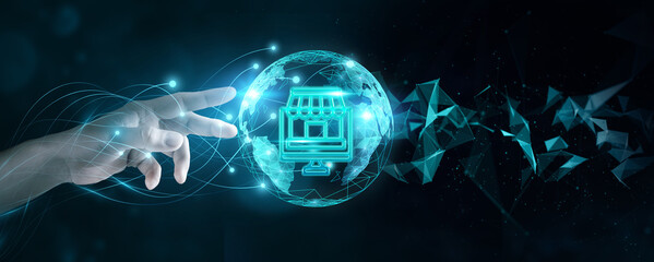 Businessman touch global networks and online marketplace connections, expanding their reach and...