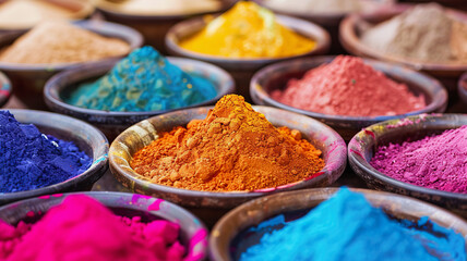 Vibrant holi powder colors in bowls ready for festival