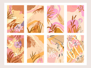 Floral, flowers and plants abstract hand drawn background vector illustration. Modern line art tropical pattern design for banner, wall art, fabric, textile and prints.