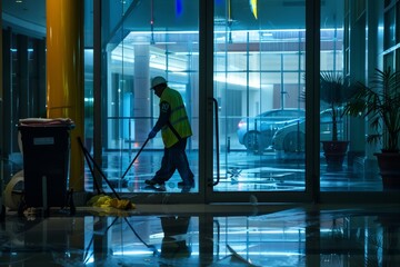 Cleaning crew working diligently to maintain cleanliness and hygiene standards in a commercial building during the night shift, Generative AI