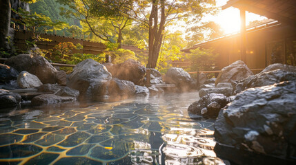 Obraz premium The hot spring is nestled within a rocky alcove giving the feeling of being coed in nature. Rays of golden sunlight peek through the trees creating a warm and inviting atmosphere.