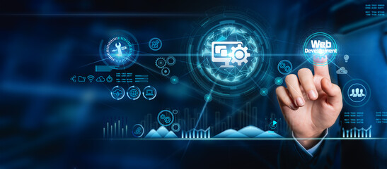 Hand-touching digital web development and design interface. Optimization of business and industrial...
