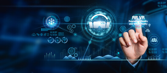 Metaverse Technology concept. Businessman use VR (virtual reality) goggles and experiences in the metaverse virtual world for their business future. Visualization, and virtual augmented reality.