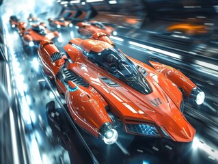 A dynamic image of a high-speed futuristic race car in motion, with vibrant orange and cool blue tones.