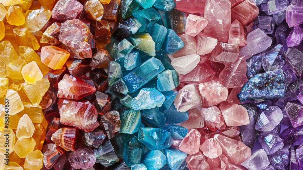 Poster an array of colorful crystals arranged in a neat formation each one representing a different aspect 