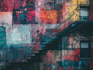 Urban stairs come alive with a vibrant collage of colorful graffiti, showcasing street art and creativity in the city.