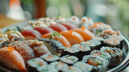 A delectable sushi set on a pristine plate, vibrant colors and textures captured in HD clarity. Culinary delight visualized.