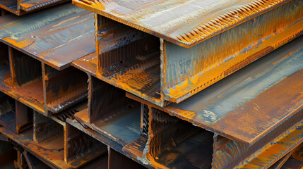 Fototapeta na wymiar A pile of metal beams stacked on top of each other at a construction site