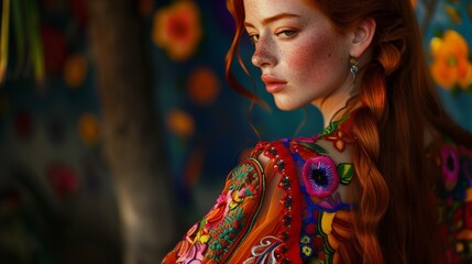 Gorgeous girl redhead with freckles, wearing a colorful, vibrant, embroidered dress