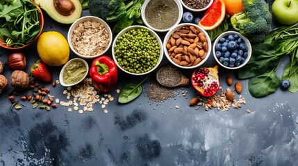 Healthy food clean eating selection. Fruit, vegetable, seeds, superfood, cereal, leaf vegetable on gray concrete background. Top view. Healthy food background and Copy space for text.  - obrazy, fototapety, plakaty