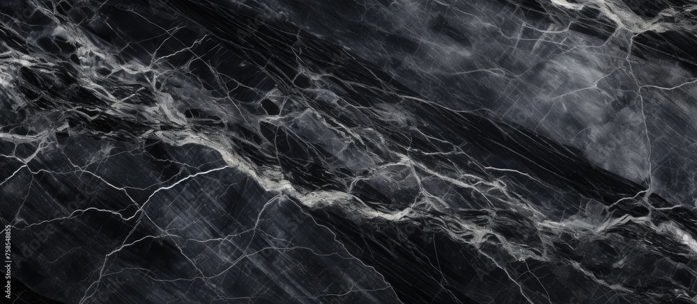Poster detailed closeup of a dark grey marble texture resembling a cosmic landscape with intricate white ve