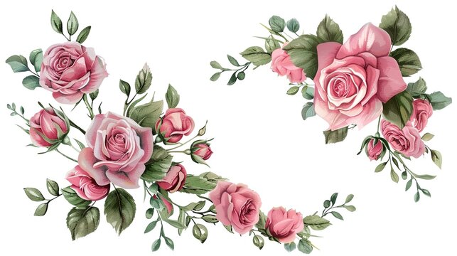 Set of floral watercolor. Flower pink rose, green leaves. Floral poster, invitation floral.  arrangements for greeting card or invitation design ,Generative ai