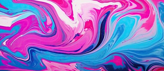Fototapeta na wymiar A closeup shot capturing the vibrant hues of pink, blue, and white in a marbled background. The swirling pattern resembles a masterpiece of art paint in shades of purple, magenta, and electric blue