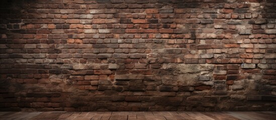 A room featuring a brick wall constructed with brown bricks and a wooden floor, combining building materials like brickwork and wood in a unique pattern