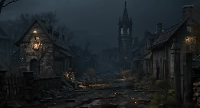 A deserted village, where the spirits of the past residents wander the empty streets