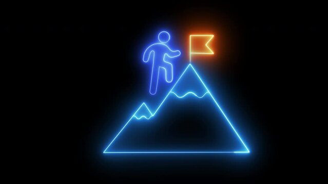 Glowing neon line of man conquering mountain peak icon isolated on transparent background. Business concept of victory, success, goal achiever, win, best worker, top employee and leadership.