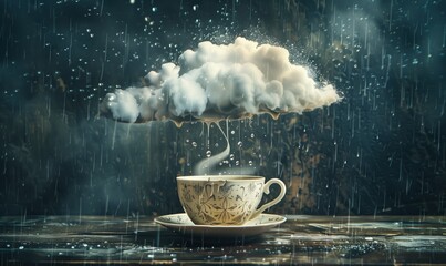 Storm in a Teacup, Bad Mood, Cloud Surrealism, Whimsical Background, Wallpaper, Conceptual Art, Cup of Tea, Storm Cloud, Raining, Bad Weather, Quirky, 3d art, collage, photo collage, vintage, retro - obrazy, fototapety, plakaty