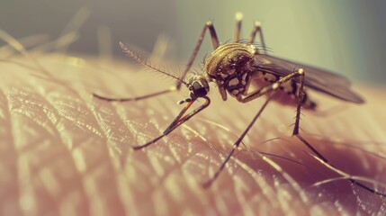 closeup of a little mosquito sitting and stinging a person skin outdoors in the nature. blurry wallpaper background