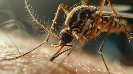 closeup of a little mosquito sitting and stinging a person skin outdoors in the nature. blurry wallpaper background - obrazy, fototapety, plakaty