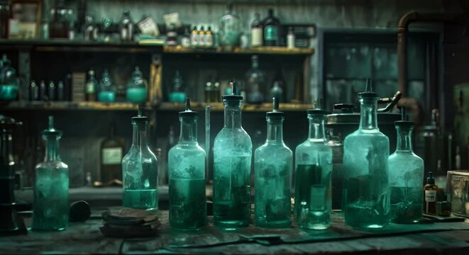 Mysterious glowing chemical vials in a shadowy lab