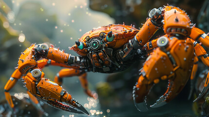A robotic crab with pincers that snap with mechanical precision - obrazy, fototapety, plakaty