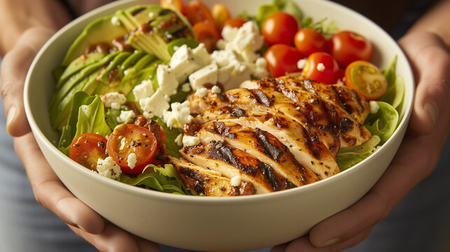 Top view of  salad with grilled chicken and Parmesan cheese..