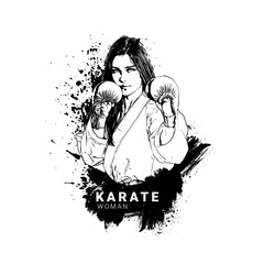 Black and white illustration of a karate girl. Logo.
