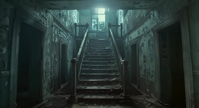 A sinister, abandoned asylum with flickering lights and unseen whispers echoing