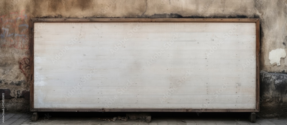 Aufkleber a rectangle white board with wooden frame leans on a wall. it is suitable for writing or drawing wit