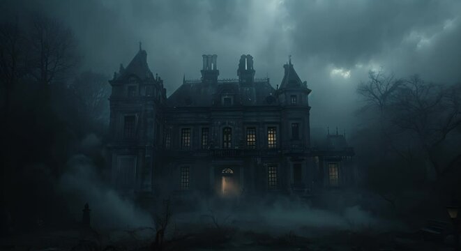 A dark, abandoned mansion enveloped in thick fog, with faint ghostly figures in the windows